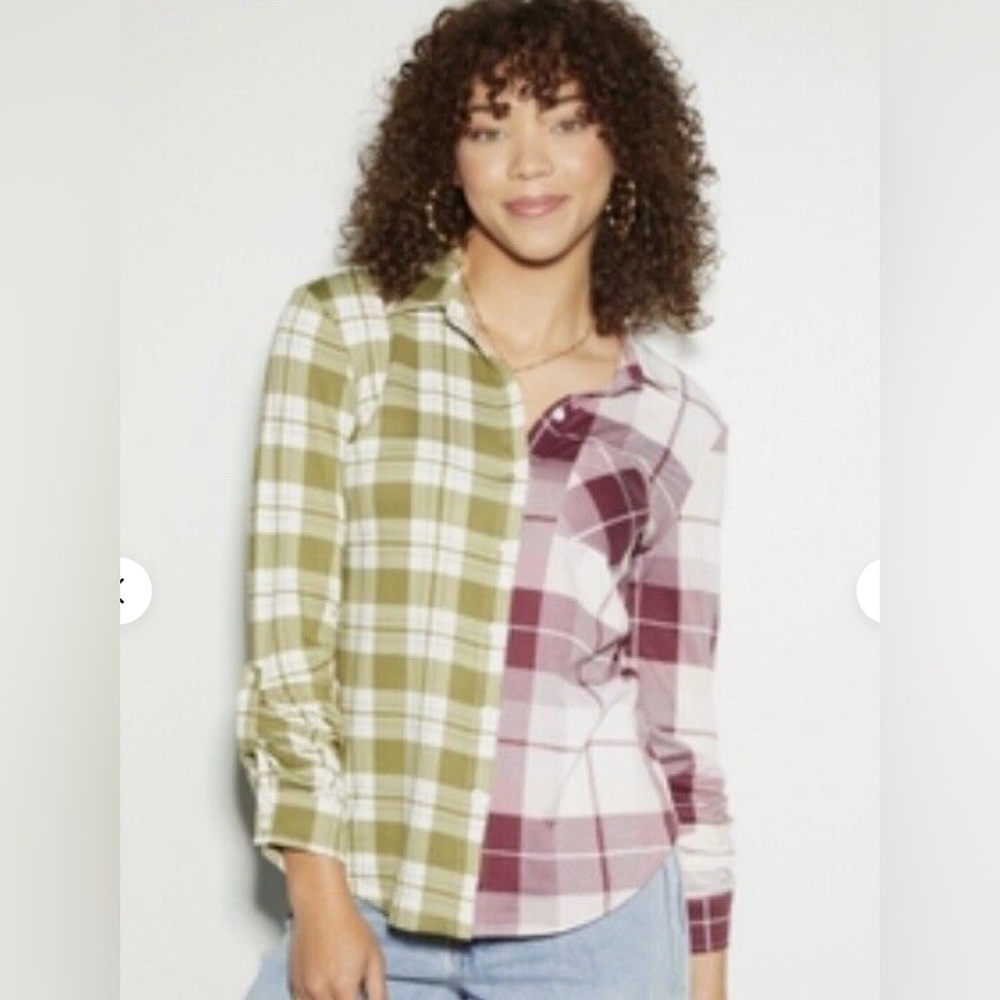 Rue21 Burgundy Olive Split Plaid Super Soft Button Up XL